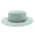 Detailed texture of mint green straw boater hat with shimmering ribbon and M logo - M (56-58cm) / Mint Green