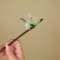 Bamboo hair stick with green gradient resin flowers and pearl crescent ornament - Pearl Crescent (S388)