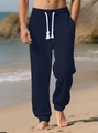 Men's navy blue jacquard knit pants with diamond pattern and white drawstring - Navy Blue
