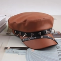 Brown PU leather newsboy cap with black studded leather band and silver punk accents - One Size 58cm / Coffee Large Buckle Rivet Style
