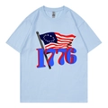 Light blue cotton T-shirt with 1776 graphic and Betsy Ross flag print, casual loose fit - Light Blue 317