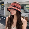Striped crochet bucket hat in pink, beige and black tones with woven texture design - Colored Bucket Hat Red
