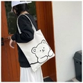 White canvas tote bag with black cartoon bear print and wide shoulder straps - White Style 3 (Simple Bear)