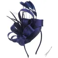 Elegant navy blue feather fascinator headband with satin ribbon and silver clip - Navy Blue