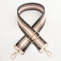 Close-up of 5cm wide striped bag strap with gold metal hooks and adjustable buckle - Gold Buckle / Dark Gray