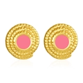 Détail de boucles d'oreilles tressées vintage plaquées or 18K avec émail rose central - Rose