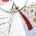 Golden sword hair pin with red tassel pendant for traditional Chinese Hanfu hair styling - Drip Oil Tassel Style / K Gold (Bright Red Tassel)