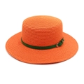 Flat top orange straw sun hat with green belt and gold buckle for summer outdoor wear - M (56-58cm) / Orange