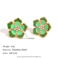 Green enamel flower earrings in 18K gold plated stainless steel with 20mm diameter - Petal Stud Earrings (Double Green)