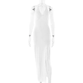 Detail of white halter neck long dress featuring a sexy side slit and sleek stretch fabric - L / White