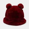 Detailed texture of dark red plush bucket hat with fluffy faux fur and cute bear ears - M (56-58cm) / Burgundy