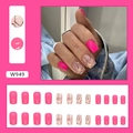 Τεχνητά τετράγωνα νύχια Barbie pink με μαύρες γραμμές και λευκά μοτίβα μαργαρίτας - Τύπος Κόλλας / Λουλούδι Ρωγμή (W949)