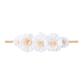 Detail of five white fabric flowers with yellow centers on a brown elastic baby headband - Style 14