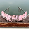 Pink natural crystal raw stone crown headband with silver moon and branch details - Light Pink