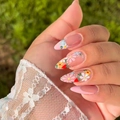 Pink French almond press-on nails with strawberry and daisy floral designs - Strawberry Daisy French Style (CW825) / With Jelly Glue and Nail File