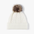 Bonnet en tricot blanc avec pompon en fausse fourrure marron et revers côtelé chaud - Réglable / Blanc (24B014)