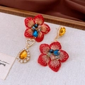Detail of red embroidered flower earrings with yellow teardrop crystal and rhinestones - 2# Silver Earring Post - Gold - Red - Embroidery Flower