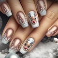 Detailed view of Christmas square press-on nails with reindeer and snowflake patterns - Rose Gold Glitter Reindeer Snowflake Style (CW808)
