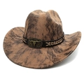 Detail of vintage brown cowboy hat with leather band and metal bull head emblem buckle - Tie-dye Khaki
