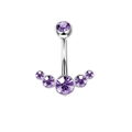 Piercing per ombelico in argento con metallo lucido e cinque zirconi viola simmetrici - Stile 21/Disposizione Arco Argento Viola