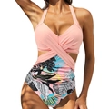 Detail of cross-neck monokini with orange halter top and tropical palm print bottom - Pink Floral