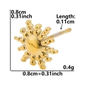 Macro view of golden sun stud earring with detailed size measurements and specifications - Sunburst-Gold