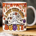 White ceramic Halloween mug featuring a ghostly design with I PUT THE BOO IN BOOTY text - SP-U Style