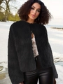 Outdoor shot of a black faux fur jacket for women in a snowy winter setting - S / Black