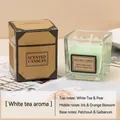 White Tea scented candle in a square green glass jar with kraft packaging box - Light Green White Tea