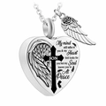 Silver heart urn necklace for son with cross engraving and angel wing charm - Son