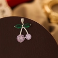 Pink cherry pendant in silver setting with green marquise leaves on leather base - Silver Green Leaf Pink Zirconia