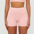 Pink high-waisted yoga shorts with white waistline stripes and soft matte finish - S / Peach Pink