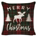 Linen texture Christmas pillow cover with red green plaid, reindeer and pine trees - A-7