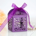 Detailed laser-cut cross pattern on purple wedding gift box with matching chiffon ribbon - 50 Pieces / Dark Purple