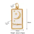 Gold tarot card charm featuring white enamel moon and stars with THE MOON text - Tarot Moon White Enamel