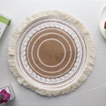 Japanese style jute placemat with white lace pattern and beige fringe tassels - Type B White Tassel