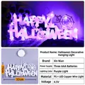 Lila LED Happy Halloween Fensterschild mit schwarzer Katze und Kürbismotiven zur Dekoration - 32x11cm / Lila