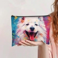 Detail of colorful rainbow Samoyed dog print on canvas makeup bag with black zipper - Oil Painting Art Samoyed Style (jiaying0061)
