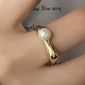 Minimalist S925 sterling silver pearl ring with elegant golden open band design - Gold Side Pearl Silver Ring