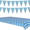 Blue and white checkered Bavarian party set with festive bunting flags and tablecloth - Blue Checkered Pennant Banner