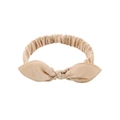 Beige cotton bunny ear bow headband with elastic gathered fabric for baby girls - Beige