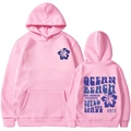 Pink hooded sweatshirt with blue vintage floral back print and kangaroo pocket detail - S / Pink (Blue Print)