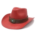 Red straw cowboy hat with vintage turquoise emblem and brown embossed leather band - M (56-58cm) / Red
