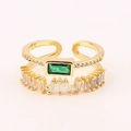 Double-layered gold open ring featuring emerald green zircon and square cut diamonds - Adjustable Open / Double Layer Emerald Row Style (Style 9)