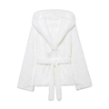 Elegant white faux fur hooded jacket with waist belt showing soft fluffy texture - S / White