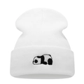 Cozy white knit panda beanie featuring a cute embroidery design for winter warmth - White