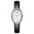 GEDI ladies' quartz watch with gold oval shell, mother of pearl dial and black leather strap - Gold Case White Dial Black Strap