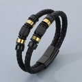 Men's double-layer woven leather bracelet with black and gold magnetic metal clasp - Style A Black Gold (KB179969-YA)