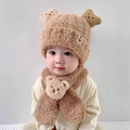 Cozy khaki baby winter set with a warm earflap knit hat and cute bear scarf - Three Bears Hat & Scarf Set - Khaki
