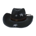 Vintage black woven straw cowboy hat with white star print and metallic bull head logo - One Size / Black (With Bull Head Band + Wind Rope)